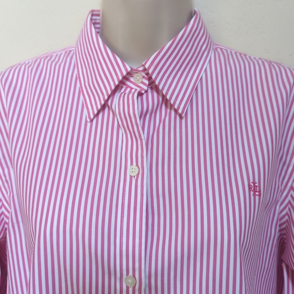 Lauren Ralph Lauren Woman Sz L Preppy Pink Striped Shirt Long Sleeve Button Up - Picture 3 of 9